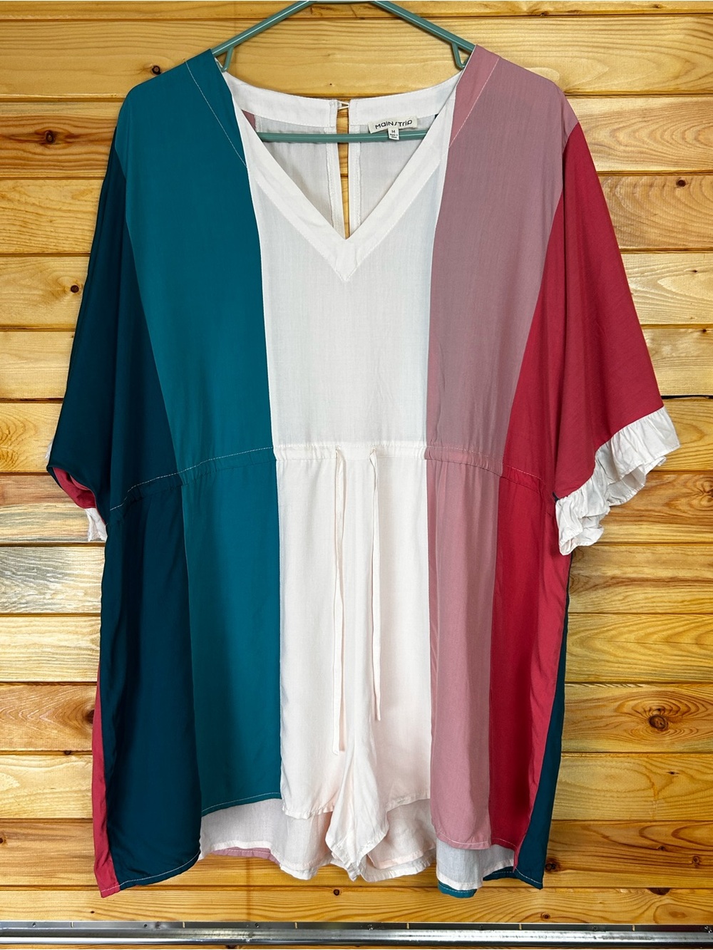 Colorblock V-Neck Short Sleeve romper by - Teal, White, Dusty Rose, Burgundy